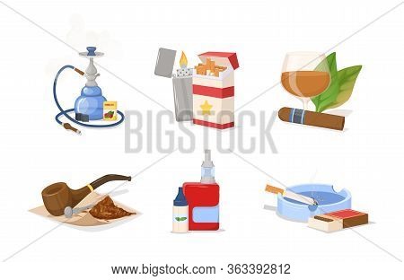 Smoking Tobacco, Bad Habits Set. Tobacco Hookah, Vape With Smoke Steam.