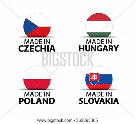 Set Of Four Czech, Hungarian, Polish And Slovak Stickers. Made In Czech Republic, Made In Hungary, M