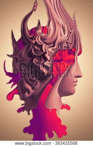 Plaster Sculpture Of Young Man Face In A Pop Art Style. Statue Of Antinous Head. Creative Concept Co
