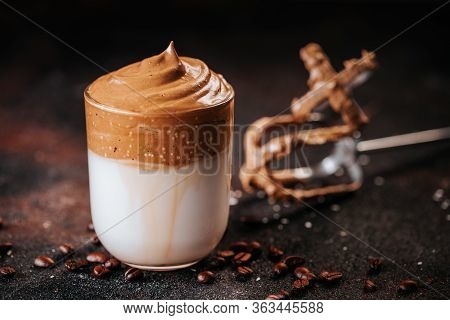Whipped Creamy Corean Dalgona Coffee With Almond Milk And Coffee Beans. Still Life Of Delicious Morn