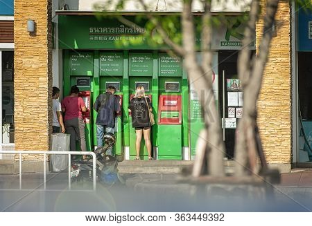 Bangkok, Thailand - April 24: Unnamed People Does Banking With Outdoor Kasikorn Atms In Bigc Petchka
