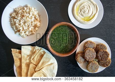 Famous Traditional Arabic, Middle East, Israel Cuisine. Tahini Sauce, Pita Bread, Rice With Vermicel