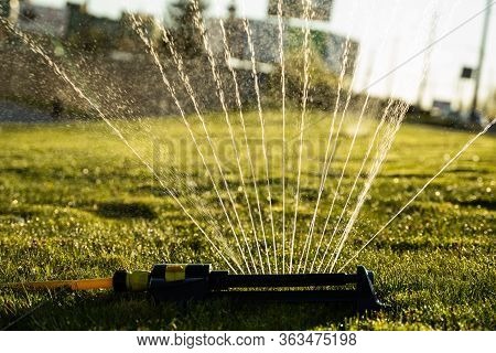 Lawn Sprinkler Spraying Water Over Green Grass. Modern Device Of Irrigation Garden Grass. Irrigation