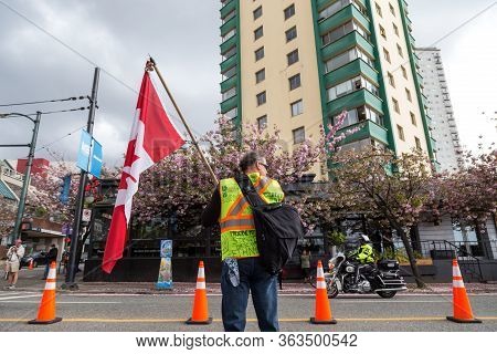 Downtown Vancouver, Bc, Canada - Apr 26, 2020: Anti Lockdown Protesters March In Defiance Of The Gov