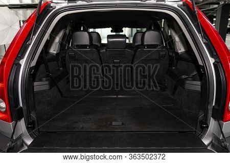 Novosibirsk/ Russia - April 02   2020: Volvo Xc90, Rear View Of A Car With An Open Trunk. Exterior O