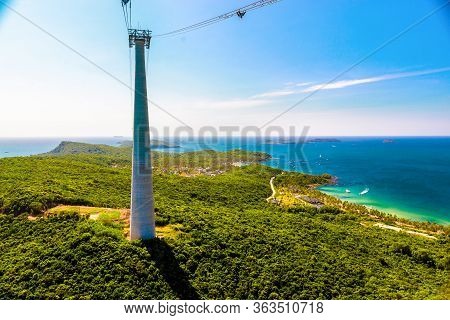 The Highest Cable Car In  Fukuok, Vietnam, A Long Walk At High Altitude Above The Sea. View From Abo