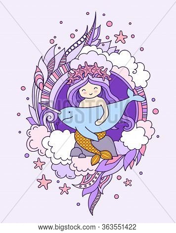 Little Kawaii Mermaid, Holding Narwhal. Siren, Sitting On A Rock. Vector Illustratioin For Print, Po