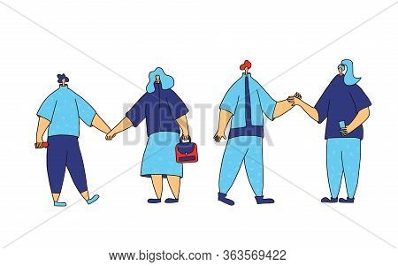 Double Date Concept. Two Couple Of Young People Holding Hands Each Other Isolated On White Backgroun