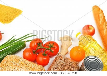 Food Delivery, Donation, Food Supply, Copyspace. On A White Background, Buckwheat, Pasta, Sugar, Pea