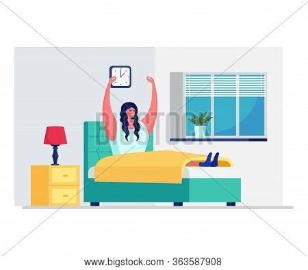 Daily Woman Morning Routine, Female Wake Up Isolated On White, Flat Vector Illustration. Female Rest
