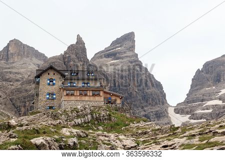 Alpine Hut Rifugio Tuckett Mountain Cima Sella Panorama In Brenta Dolomites, Italy