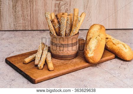 Сrisp Bread With Buns. French Baguettes. Fresh Crispbread. Bread Background. Different Breed  On Woo