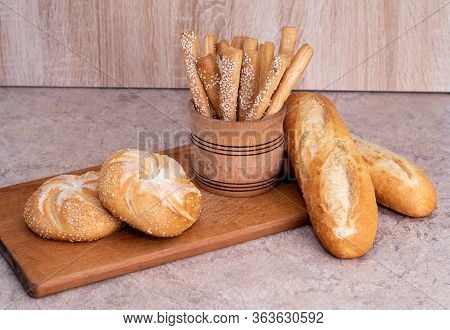 Сrisp Bread With Buns. French Baguettes. Fresh Crispbread. Bread Background. Different Breed  On Woo