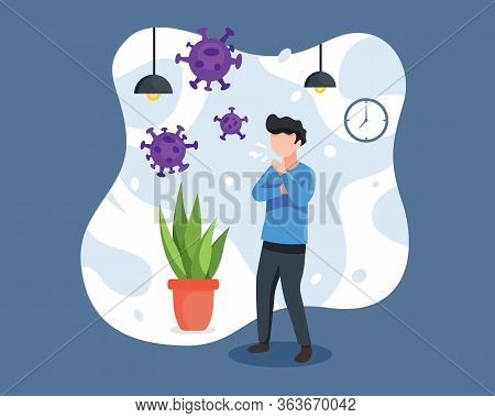 Vector Illustration A Man Cough And Having Cold. Person With Cold, Coughing And Eject A Virus. Flu S