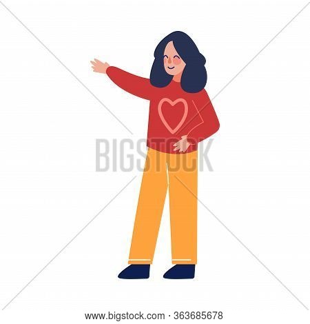 Teen Girl In Casual Clothes Standing And Pointing With Her Hand Vector Illustration