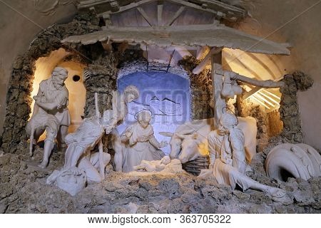 Urbino, Italy - March 24, 2019:  The Nativity Of Brandani In The Oratory Of San Giovanni Battista In
