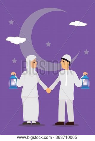 Cartoon Muslim Couple Holding Lantern With Crescent Moon, Stars And In Background. Ramadan Fasting G