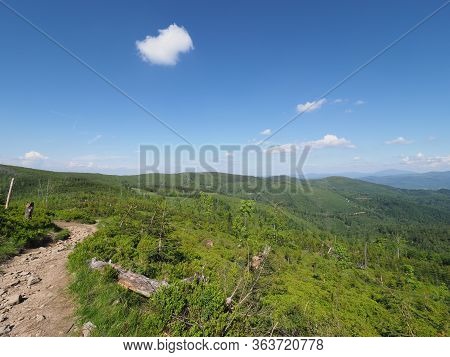 Beskids Mountains Range With Path Near Salmopol Pass View Above European City Of Szczyrk In Poland, 