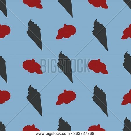 Summer Seamless Pattern With Silhouettes Of Ice Cream And Forest Berries. Vector Design.