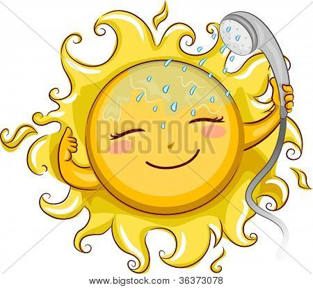 Illustration af en munter solen bader med telefon bruser