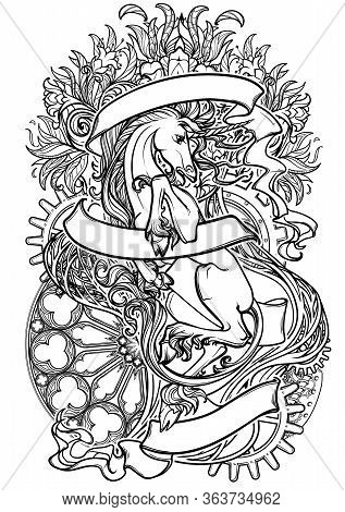 Intricate Drawing Of Hte Legendary Unicorn On A Decorative Flames And Plants Ornament With A Motivat