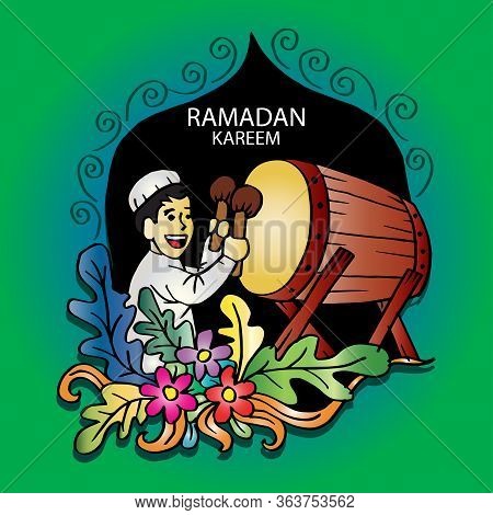 Cute Muslim Asian Boy  Hit Beduk For Greeting Card.
