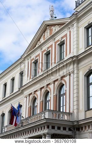 Riga, Latvia - September, 2019: Latvian Flag On Riga City Council (rigas Dome) Building Of The Gover
