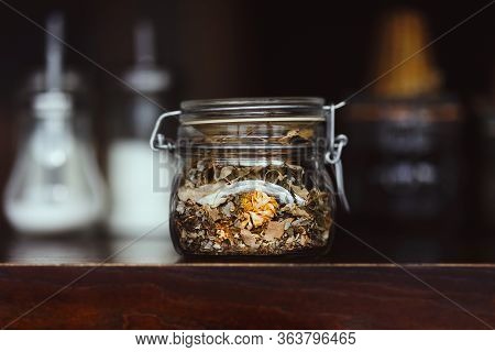 Natural Flower Tea In A Can On A Bar Counter