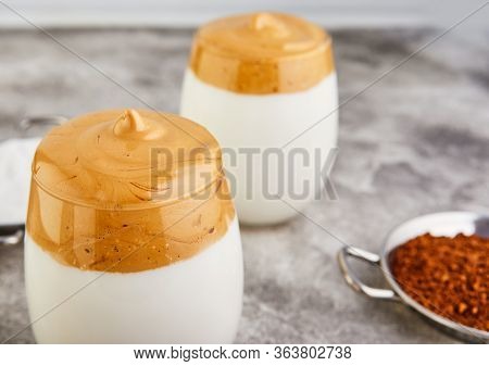 Iced Dalgona Coffee, A Cool Trendy Fluffy Whipped Creamy Coffee. Latte Espresso With Coffee Foam In 