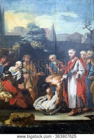 LEPOGLAVA, CROATIA - SEPTEMBER 21: Miracles attributed to Jesus, Jesus healed the lame man, parish Church of the Immaculate Conception of the Virgin Mary in Lepoglava on September 21, 2014