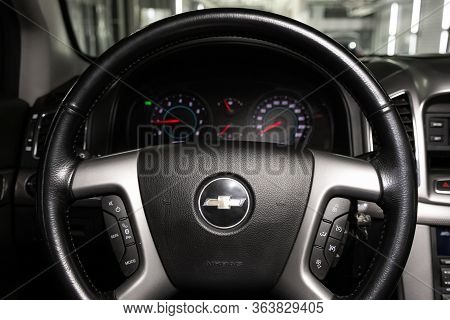 Novosibirsk/ Russia - April 02 2020:  Chevrolet Captiva, Salon Of A New Stylish Car, Steering Wheel 