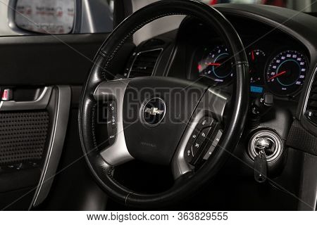 Novosibirsk/ Russia - April 02 2020:  Chevrolet Captiva, Salon Of A New Stylish Car, Steering Wheel 