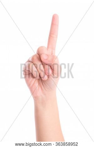 Woman's Hand Is Counting Number 1 Or One Isolated On White  Background. The Concept Of Hand Symbols 