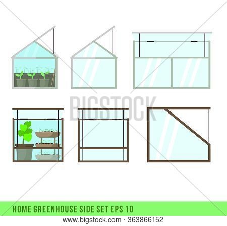 Home Mini Greenhouse For House And Balcon. Side Set Of Two Types Of Glass Green House.flat Vector Il