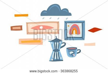Hand Drawn Vector Abstract Stock Graphic Illustration With Home Coffee And Hygge Frames Isolated On 