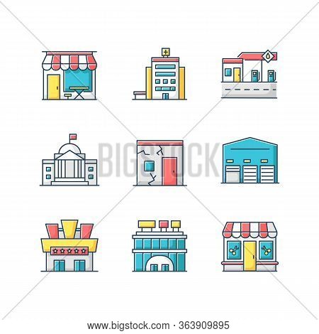 Urban Building Exteriors Rgb Color Icons Set. Cafe Exterior. Hospital Entrance. State Institute Fron