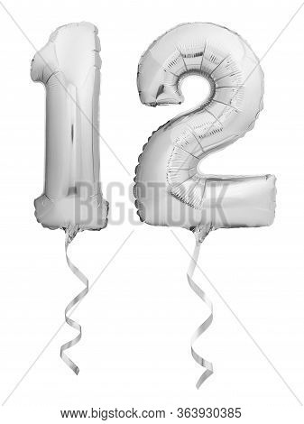 Silver Chrome Number 12 Twelve Made Of Inflatable Balloon With Ribbon On White