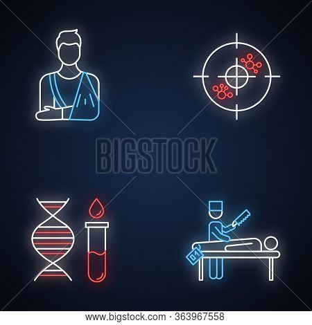 Medical Procedure Neon Light Icons Set. Orthopedic Cast. Fractured Bone Aid. Immunotherapy. Genetic 