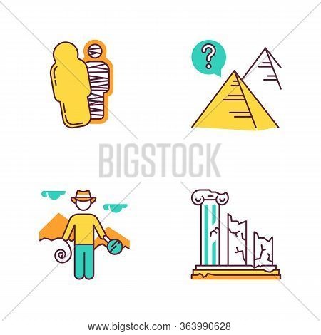 Archeology Color Icons Set. Mummy In Sarcophagus. Pyramids. Egyptian Culture Mysteries. Researcher I