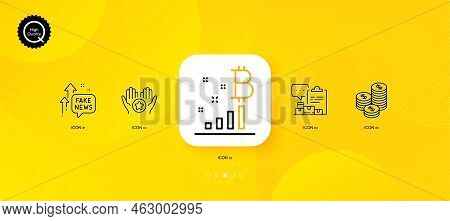 Coins, Inventory Report And Favorite Minimal Line Icons. Yellow Abstract Background. Bitcoin Graph, 