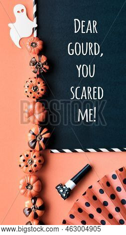 Halloween Vertical Background, Template For Social Media Stories. Black Cats, Painted Deco Pumpkins 