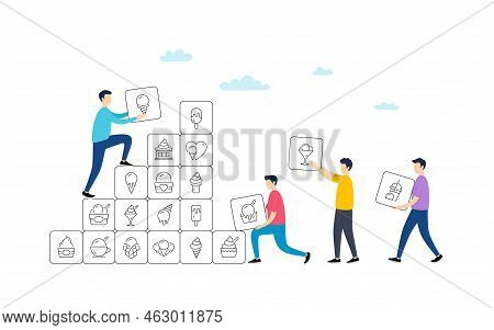Ice Cream Line Icons. People Team Work Concept. Vanilla Sundae, Frozen Yogurt, Bubble Waffle. Sweet 