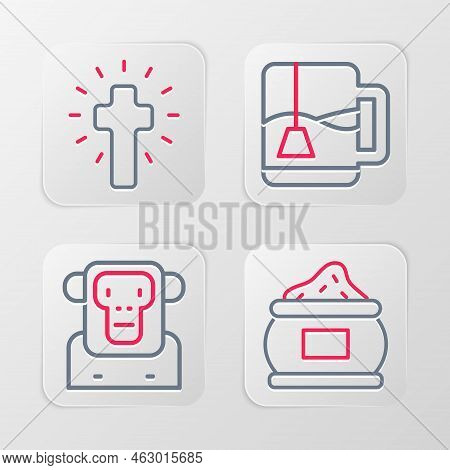 Set Line Indian , Monkey, Cup Of Tea With Tea Bag And Christian Cross Icon. Vector
