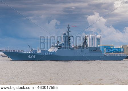Russia. Kronstadt. July 31, 2022. A Military Corvette On The Parade Of The Navy.