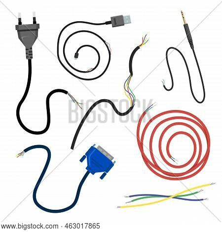 Broken Electrical Cable Set. Vector Illustrations Of Damaged Cords For Power, Connection. Cartoon To