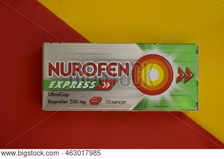 October 6, 2022 Ukraine City Kyiv Packaging Of Nurofen Express Tablets On A Colored Background