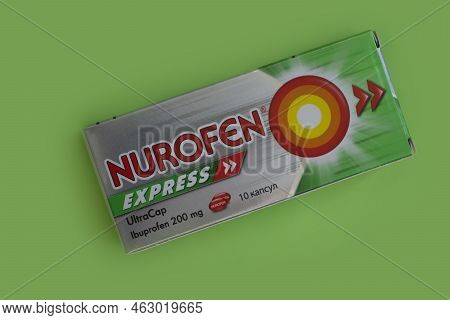 October 6, 2022 Ukraine City Kyiv Packaging Of Nurofen Express Tablets On A Colored Background