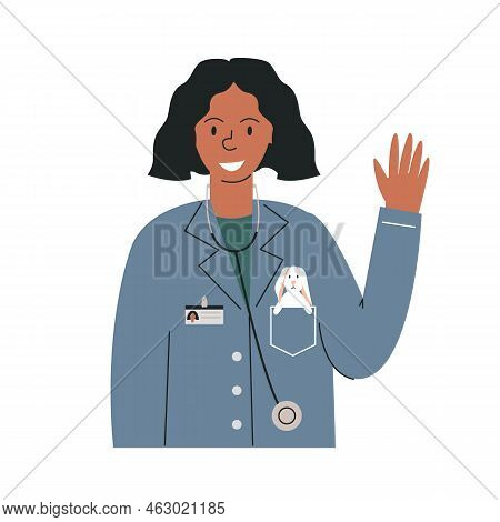 Female Childish Doctor Greeting. African American Woman Doctor In Uniform With Stuffed Toy. Pediatri