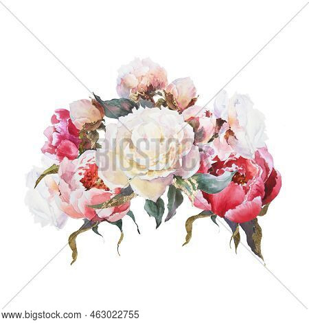 Pink And White Peonies Bouqet With Golden Potal On White Isolated Background Watercolor Hand Drawing
