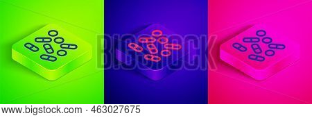 Isometric Line Medical Pill Bottle Biohacking Icon Isolated On Green, Blue And Pink Background. Phar